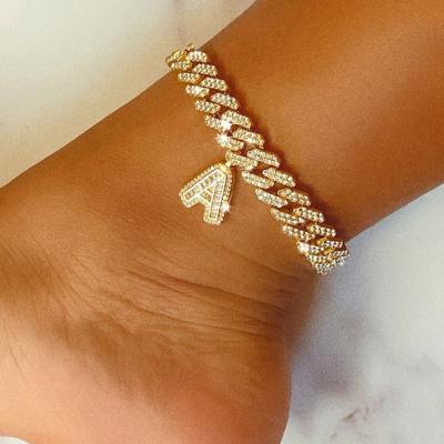 China 26 Alphabet Hip Hop CIO New Hip Hop Hitter Bling Foot Jewelry Cuban Link Letter Iced Out CZ Cuban Initial Anklets for sale