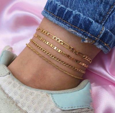 China BOHEMIA 4pcs Set Leg Chain Anklets 18k Gold Plated Multilayer Beach Foot Jewelry Layered Figaro Chains Anklet for sale