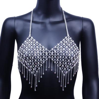 China Hot Selling Luxury Sexy Party Crystal Rhinestone Large Sexy Diamond Tassel Bra Body Chain Bikini Jewelry for sale