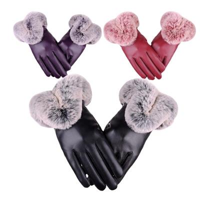 China Plain Factory Wholesale Ladies Black PU Leather Gloves For Autumn Winter Warm Rabbit Fur Mittens for sale