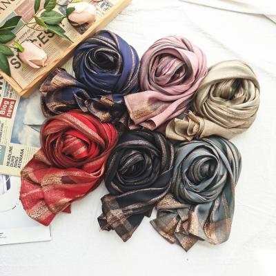 China Muslim Maxi Silk Scarves Fashion Pashmina Luxury Women's Long Shawl Sunscreen Scarf Glitter Stripe Hijabs for sale