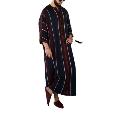 China 2021 Eid Ramadan Men's Islamic Clothing Abaya Jubba Thobe Dubai Kaftan Long Robe Fashion Casual Loose Muslim Stripe Vintage Keffiyeh QUICK DRY for sale