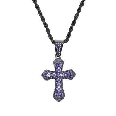 China Hiphop Black Purple Zircon Cross Pendant Hiphop Iced Out CZ Cross Pendant Necklace for sale