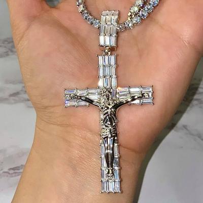 China Hiphop Gold Plated Wand CZ Cross Charm Bling Pendant Jesus Pendants Necklace Gold Rapper Hip Hop for sale