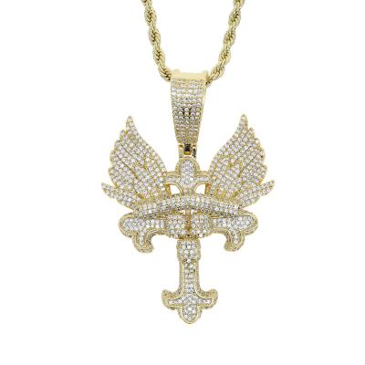 China Hiphop Iced Out Zircon Stones Angel Wings Cross Pendant Necklace Hip Hop Jewelry Women Man Gift for sale