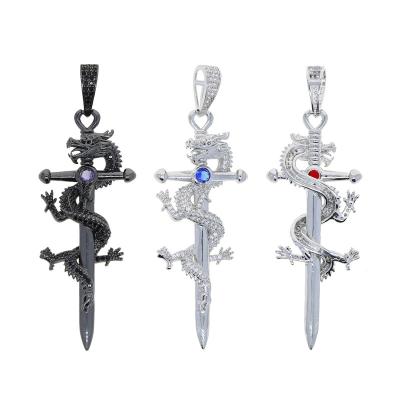 China Hiphop Hip Hop Dragon Sword Pendant Micro Inset Zircon Necklace Blue Red Purple Jewelry For Men for sale