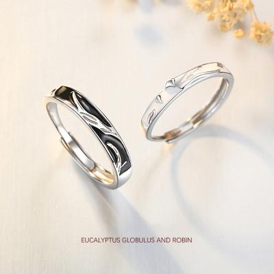 China Resizable Ring 925 Silver Couple Rings Eucalyptus Globulus and Blackbird Men's and Women's Rings for sale