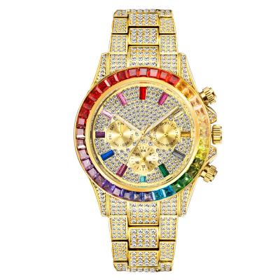 China Automatic Date Colored Square Diamond Gold Quartz Watches Hip Hop Mens Watches for sale