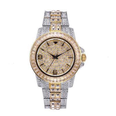 China Waterproof Day/Date Stainless Steel Quartz Watches Full Diamond Men Women Watch Hip Hop Jewelry for sale