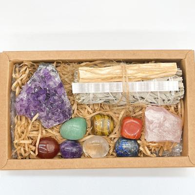 China 7 Chakra Global Stones and Sage Healing Crystals Amethyst Holy Stick Selenite Stick Combination Set Meditation Decoration for sale