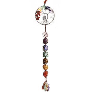 China Crystal Hanging Mirror Props Yoga Meditation Global Seven Chakra Stone Braided Tree Hanging Decor Rear View Life Healing for sale