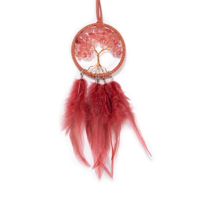 China Handmade Global Dream Catcher Car Rear View Mirror Pendant Tree Of Life Crystal Chips Braided Bohemian Decor Feather Car Accessories for sale