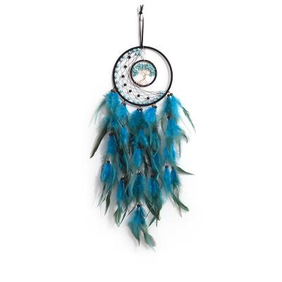 China Global Dreamcatchers With Tree Of Life Teal Feather Handmade Dreamcatchers For Boho Wall Hanging Decoration, Ornament Festival Gift for sale