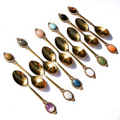 China Retro Global Stainless Steel Gemstone Spoon Healing Natural Inlaid Quartz Crystal Gemstone Spoon Crystal Cabochon Coffee Spoon for sale