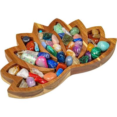 China Lotus Mandala Healing Crystal Tray Wooden Overall Rock Holder for Stones Organizer Display Wood Plate Shelf Decor for Gemstones for sale