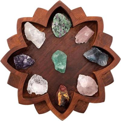 China Overall Lotus Crystal Tray Wooden Crystal Holder for Stones Lotus Shape Crystal Display Tray Wooden Jewelry Dish Shelf Meditation for sale