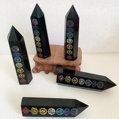 China Global Crystals Dominate Black Moon Crystal Points Crystal Seven Chakra Tower With Sun Quartz Obsidian Healing Pattern Stone for sale