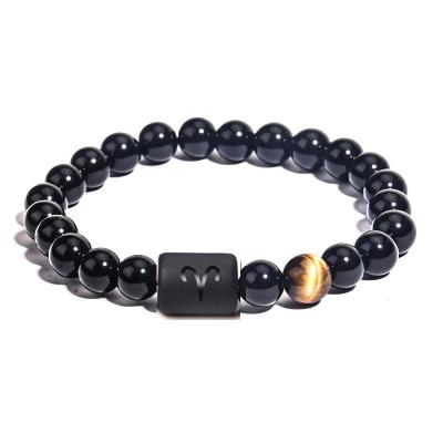 China Zodiac 12 Zodiac Bracelets Tiger Eye Beads Stretch Constellation Horoscope Bracelet 8mm Obsidian Hematite Onyx Bracelet For Women Men for sale