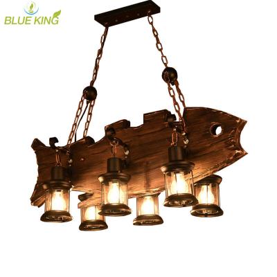 China Large Rustic Iron Chain Fish Shape Glass Ceiling Antique Wooden Chandelier For Hotel Decoration for sale