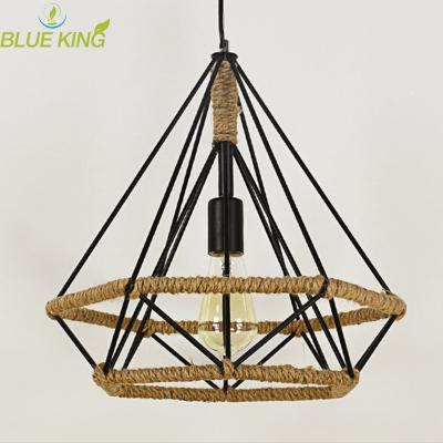 China Industrial Contemporary Wrought Iron Cage With Hemp Rope Knitted Ceiling Light Fixture for sale