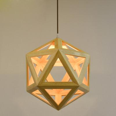 China Mediterranean Backrest Europe Ware Modern Wooden E27 Pendant Lamp With Polygon Shape Lamp Cage for sale