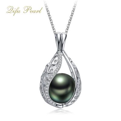 China CLASSIC 925 Sterling Silver Cage Pendant with 10.5-11mm Black Cultured AA Tahitian Pearls for sale