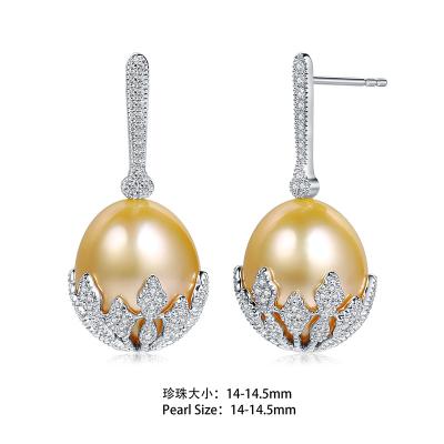 China FASHIONABLE 18K Real Gold Color Natural South Sea Pearl Earrings with 14-14.5mm AAA Perfect Round Pearl for sale