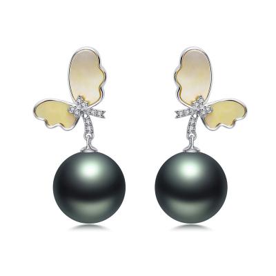 China Qifu 14k butterfly jewelry vvs diamond earrings 11.5-12mm environmentally friendly tahitian pearl diamond earring for sale