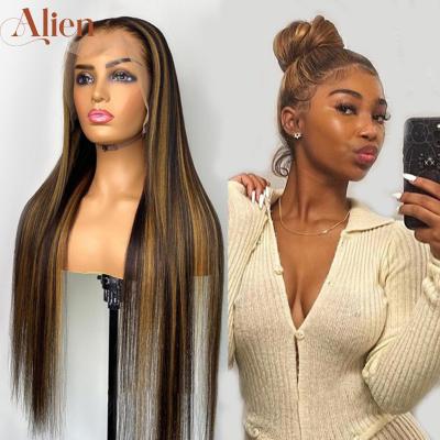 China Highlight 1B Honey Brown Color Straight Human Hair Lace Front Wig Virgin Brazilian Hair Highlight Wig Transparent HD Frontal Wig for sale