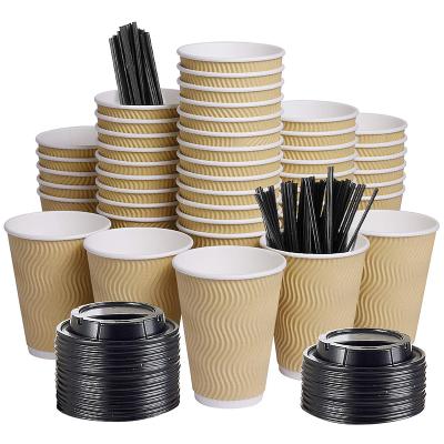 China Dinking Straws 12oz Insulated Kraft Paper Ripple Wall Paper Cups Disposable Drinks Paper Cup Holder Custom Hot Wholesale With Lids Straw for sale