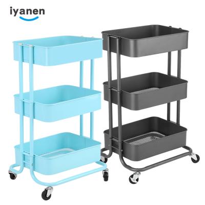 China IYANEN 3 Tiers Storage Metal Mesh Basket Utility Cart Home Kitchen Mobile Storage Cart Rolling Cart for sale