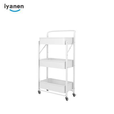 China Home Kitchen Serving Trolley Space Saving Easy Folding 3 Tier Square Shelves Movable Rolling Handle White Organizer Metal Folding Cart Trolley for sale