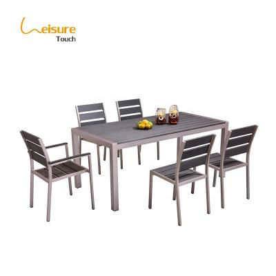 China Modern Plastic Wood Brushed Aluminum Dining Table And Chair Garden Set Outdoor Furniture for sale