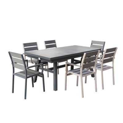 China Garden Set Powder Coated Aluminum Metal 6 or 8 Seaters Plastic Wood Outdoor Extendable Dining Table for sale