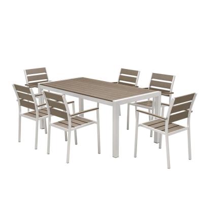 China Minimalist Durable Plastic Wood Top Aluminum Outdoor Restaurant Tables With Armchairs for sale