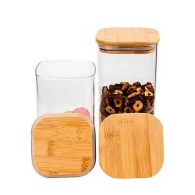 China Sustainable Premium High Borosilicate Air Tight Square Glass Jars Bamboo Lid Kitchen Food Storage Container For Food for sale