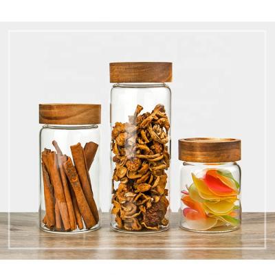 China Viable Threaded Glass Jar With Wooden Lid For Food Storage Glass Container Set Kitchenware Stash Jar Food Container for sale