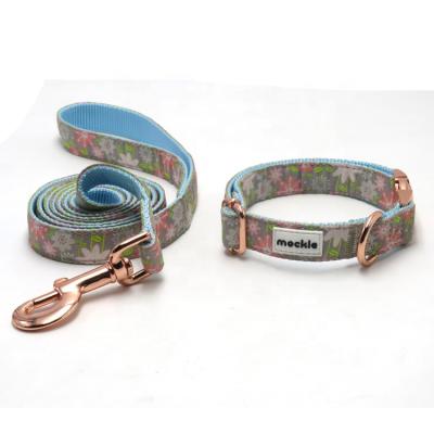 China Padded Pattern Custom Nylon Printed Dog Lead Set Rose Gold Metal Release Buckles Pet Collars Dog Collar and Leash Set for sale