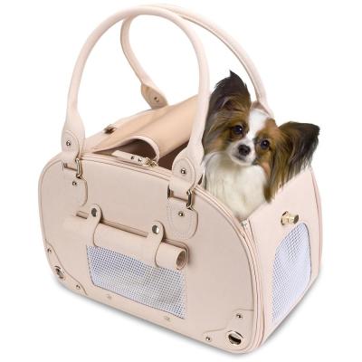 China Sustainable Luxury Pet Handbag Tote Folding Leather Dog Pet Carrier Purse For Outdoor Travel for sale