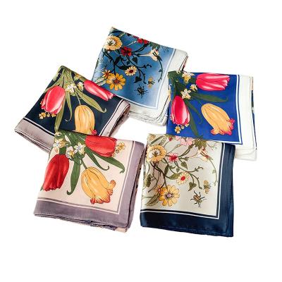 China Japanese and Korean Soft Scarf Women's Retro New French Silk Satin 70*70 Chiffon Scarf Small Square Floral Printed Scarf Gift Square for sale