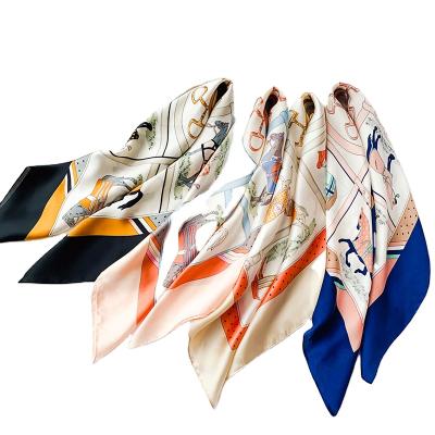 China Japanese and Korean Soft Satin 70*70 Chiffon Scarf For Women New Artificial Silk French Ten Horses Small Horses Printed Scarf Gift Square Scarf for sale