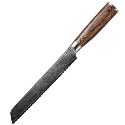 China Durable 67 Layers Steel Bread Knife Kitchen Damascus With Desert Pakka Wood Handle for sale