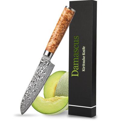 China Damask Layers Viable Small Santoku Damascus Knife 67 Sharp Chef's Kitchen Knife Made Of VG10 Damascus Steel With Resin Burl Handle for sale