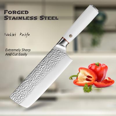 China Sustainable Products Forging Stainless Steel Japanese Cleaver Hammered Tsuchime Finish Nakiri Knife With Pakka Wood Handle for sale