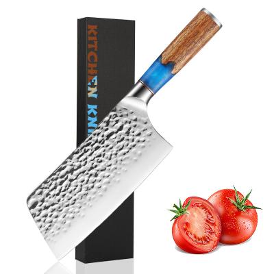 China 7 Inch Forged Cleaver Knife Blue Resin Disposable Wood Handle Forged Hammer Pattern Stainless Steel Cleaver Knife for sale