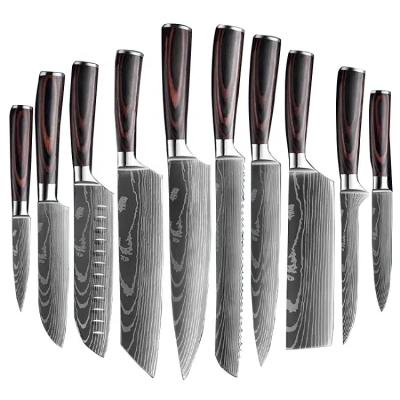 China Disposable Super Sharp 10piece Damascus Laser Pattern Knife Set With Wooden Pakka Handle Stainless Steel Knife Set for sale