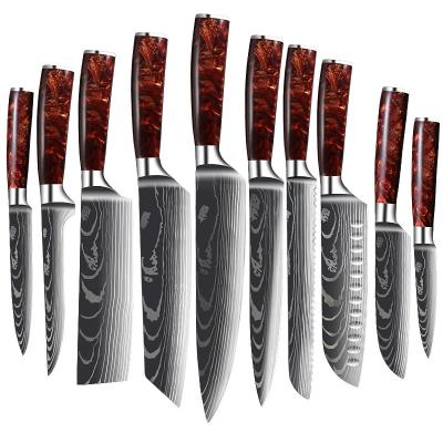 China Resin Handle Damascus Pattern Disposable Red Kitchen Knife Set High Carbon Steel Damascus Peeling Santoku Nakiri Cleaver Bread Knife Set for sale