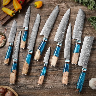 China Boning Kiritsuke Nakiri Japanese Knife Set Chef Damascus Kitchen Knives Vg10 67layers Viable Blue Resin Handle Damascus Steel Japanese Knife Set for sale