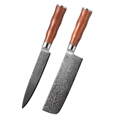 China Viable Professional 2pcs Damascus Steel Kitchen Carving Knife Set With Natural Red Wood Handle for sale