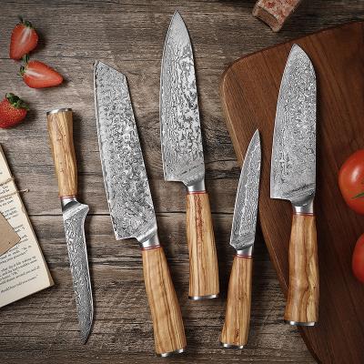 China Viable Professional 5pcs Kitchen Knife Set Japanese Steel Damascus Knife Set With OliveWood Handles Damascus Chef Santoku Utility Knife for sale